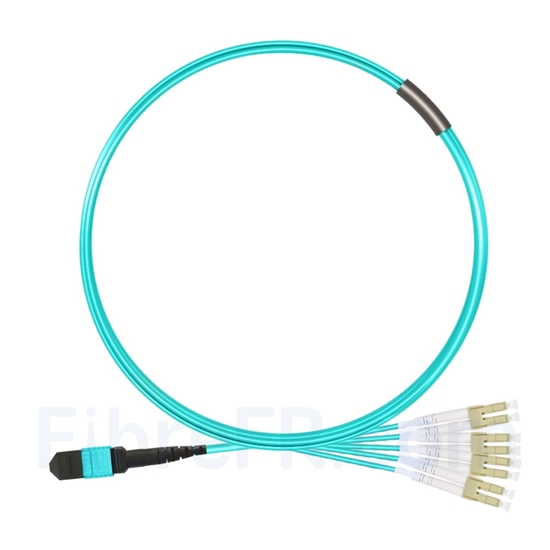 Image de 5m MTP Femelle vers 4 LC UPC Duplex 8 Fibres OM3 50/125 Câble Breakout Multimode, Type B, Élite, LSZH, Aqua