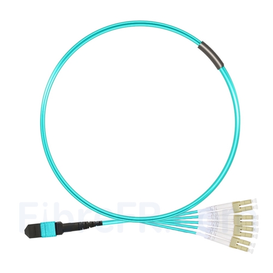 Image de 1m MTP Femelle vers 4 LC UPC Duplex 8 Fibres OM3 50/125 Câble Breakout Multimode, Type B, Élite, LSZH, Aqua