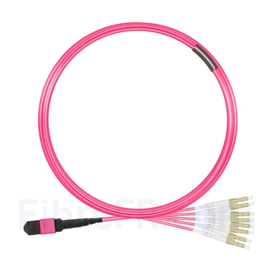 Image de 5m MTP Femelle vers 4 LC UPC Duplex 8 Fibres OM4 (OM3) 50/125 Câble Breakout Multimode, Type B, Élite, LSZH, Magenta