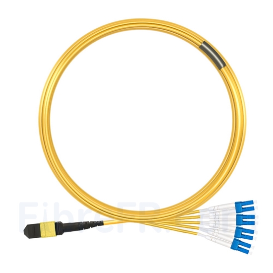 Image de 10m MTP Femelle vers 4 LC UPC Duplex 8 Fibres OS2 9/125 Câble Breakout Monomode, Type B, Élite, Plénum (OFNP), Jaune