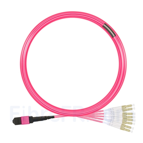 Image de 10m MTP Femelle vers 4 LC UPC Duplex 8 Fibres OM4 (OM3) 50/125 Câble Breakout Multimode, Type B, Élite, Plénum (OFNP), Magenta