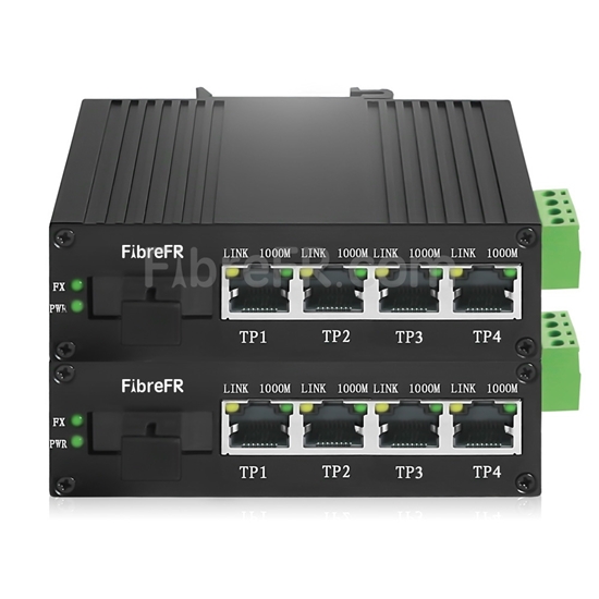 Image de Mini 4x10/100/1000Base-T RJ45 vers 1x 1000Base-X SFP Rainure SC Non géré Gigabit Ethernet Media Converter, Simplex, 1310nm/1550nm, 20km, Industrial