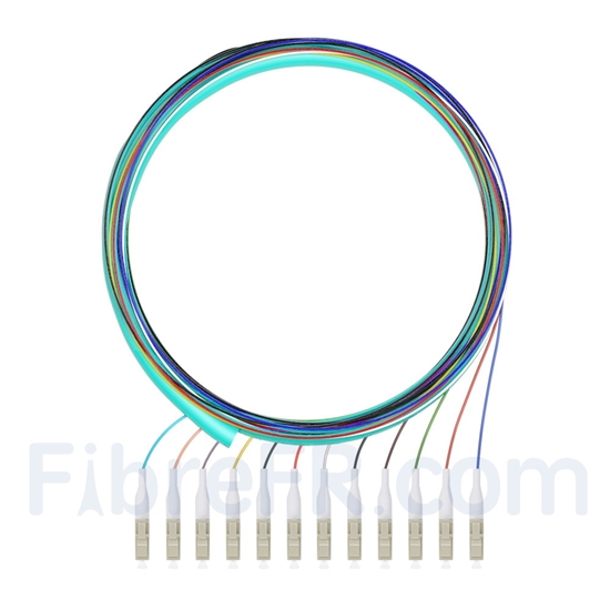 Image de 1,5m Pigtail à Fibre Optique LC UPC 12 Fibres OM4 Multimode Faisceau PVC (OFNR) 0,9mm